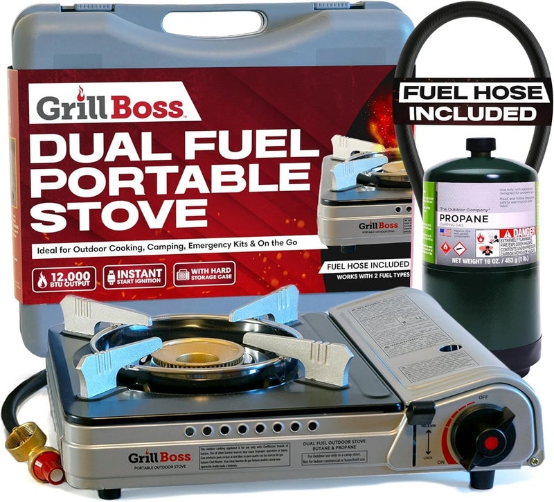 Chefmaster Grill Boss Dual Fuel Camp Stove - 12,000 BTU Butane & Propane Portable Stoves for Camping, Emergencies, BBQ, Hiking & Backpacking - Double Wind Guard, Instant Piezo Ignition System - 90057 - Image 1